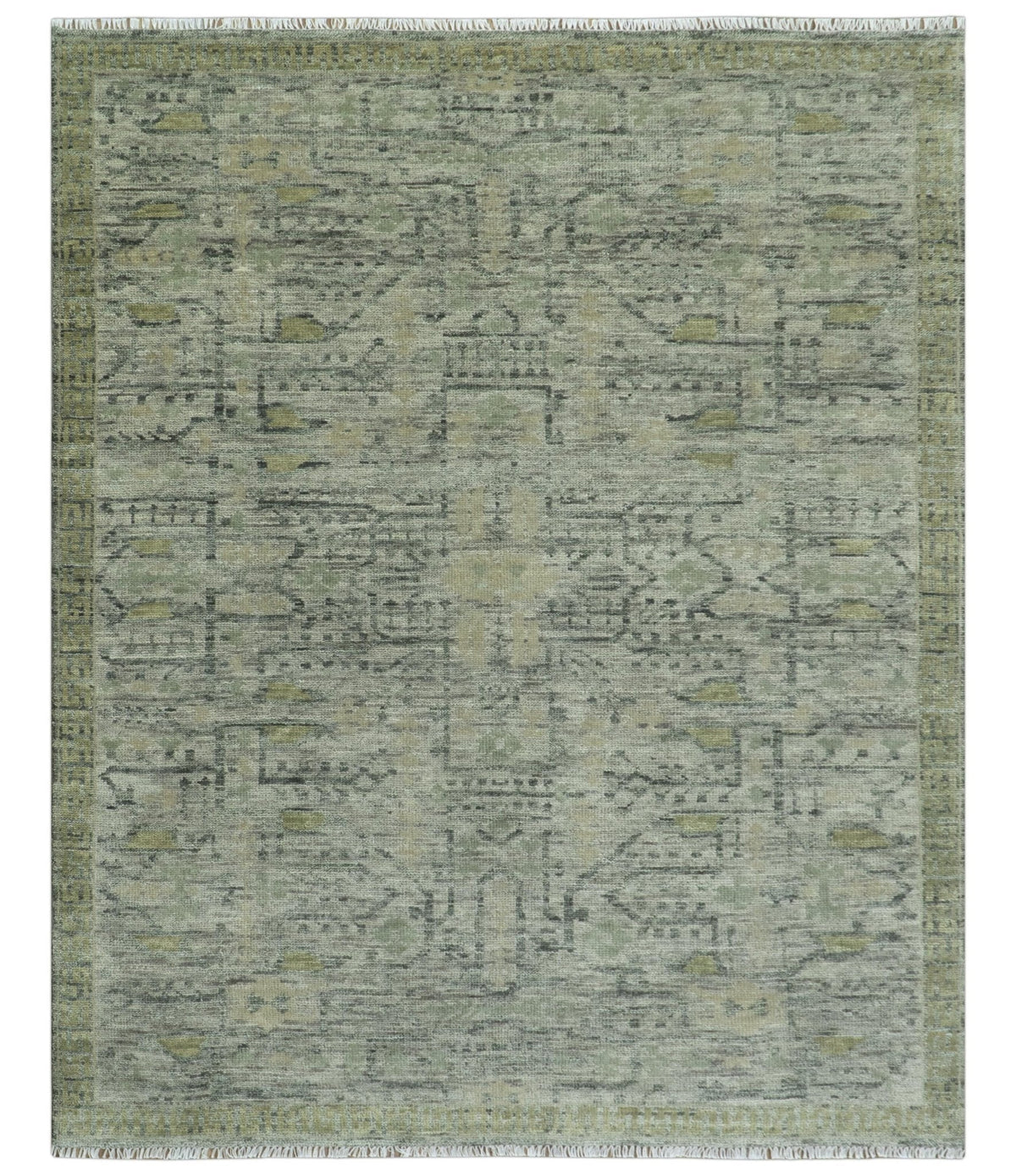 Custom Made Rug Modern Transitional Design Beige And Green Hand Knotted wool.