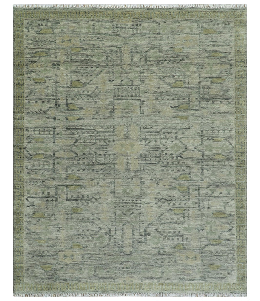 Custom Made Rug Modern Transitional Design Beige And Green Hand Knotted wool.