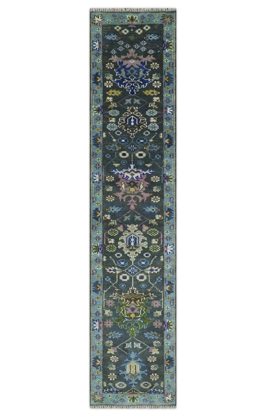 Custom Made Runner Charcoal, Green And Blue Turkish Design Hand Knotted Wool Rug.