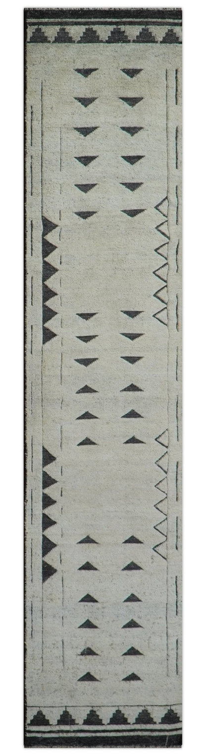 Custom Made Runner Contemporary Style Beige Hand Knotted Wool Rug.