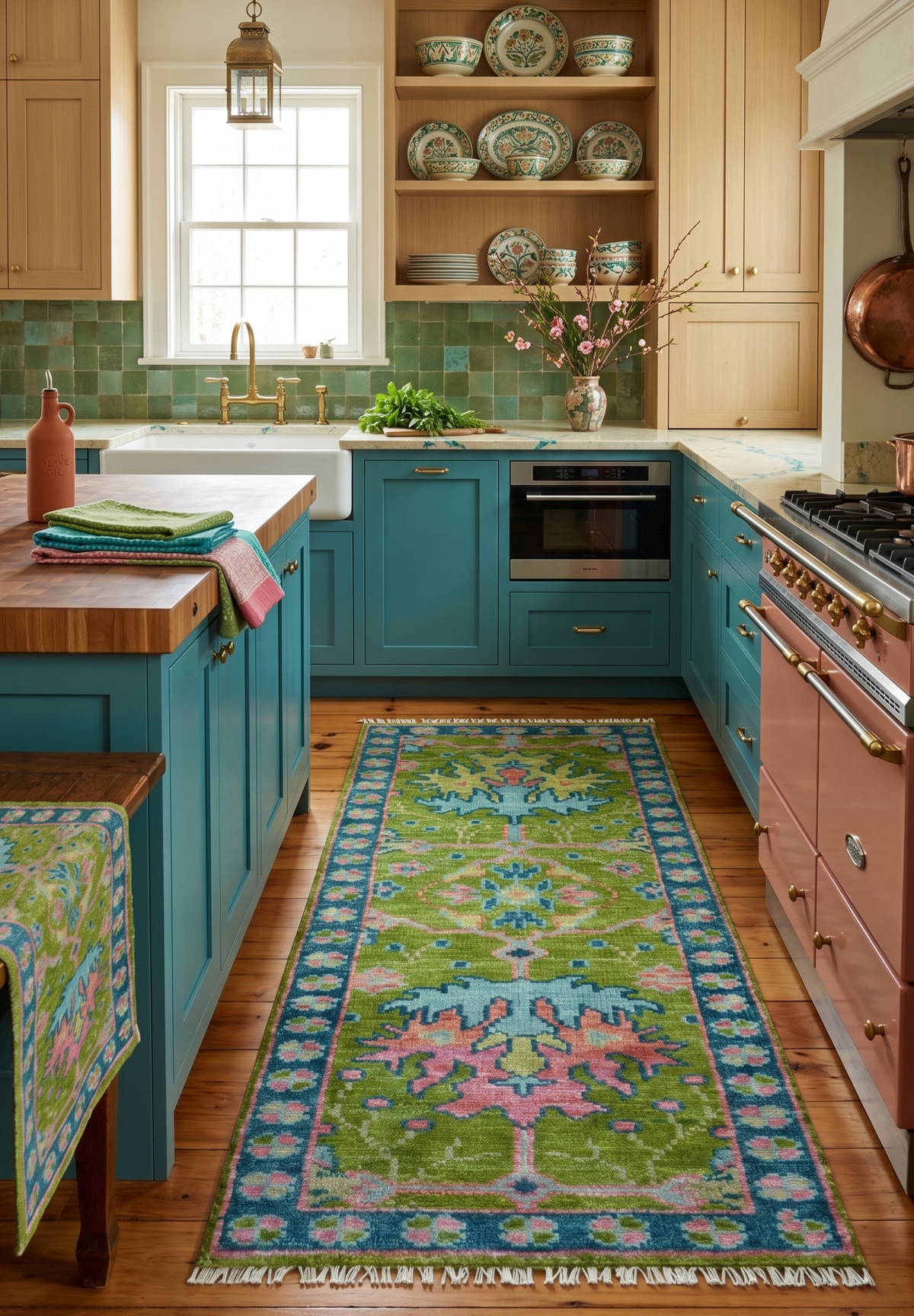 Custom Made Runner Donegal Green And Blue Hand Knotted Wool Rug.