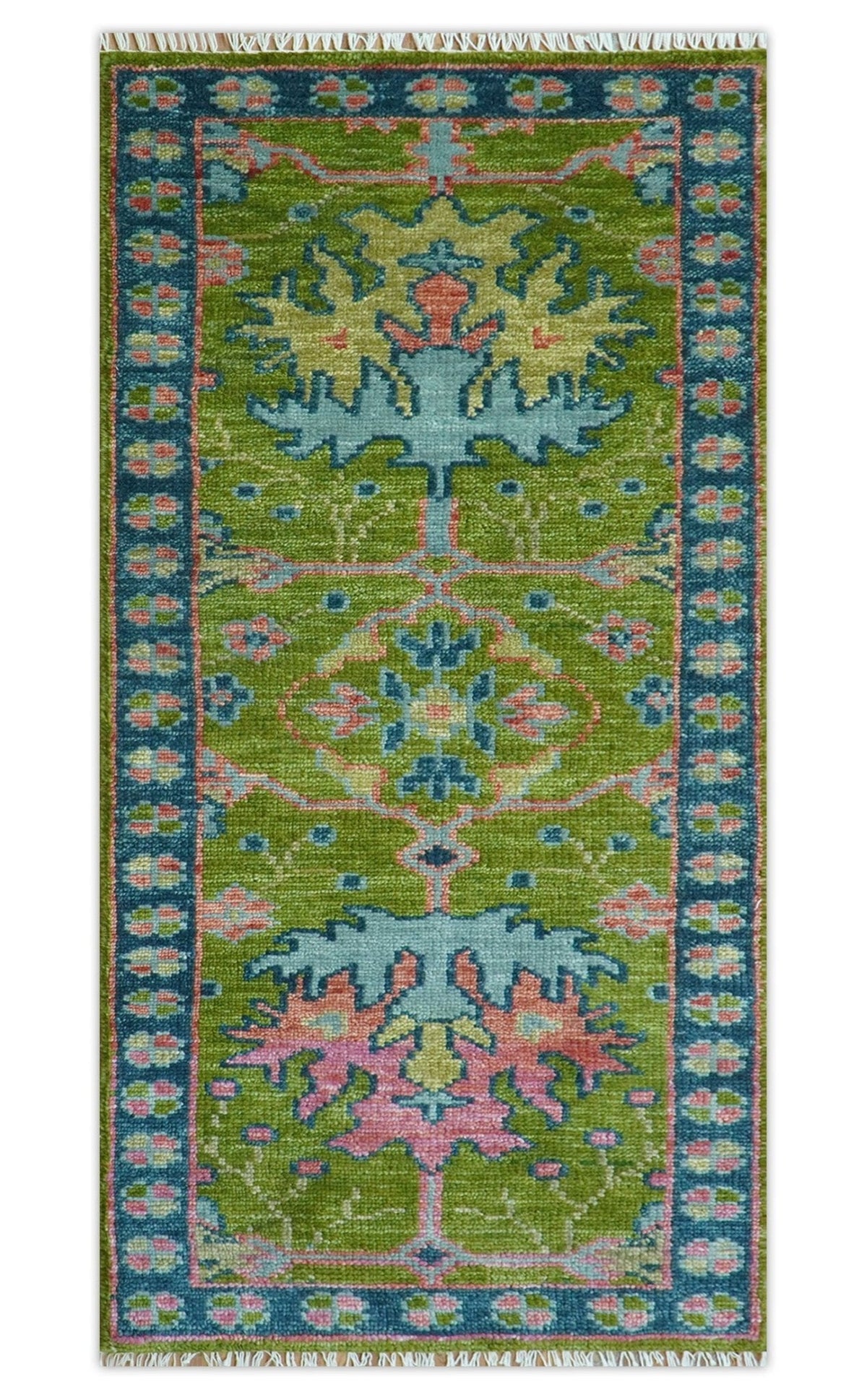 Custom Made Runner Donegal Green And Blue Hand Knotted Wool Rug.