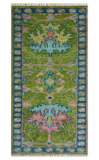 Custom Made Runner Donegal Green And Blue Hand Knotted Wool Rug.
