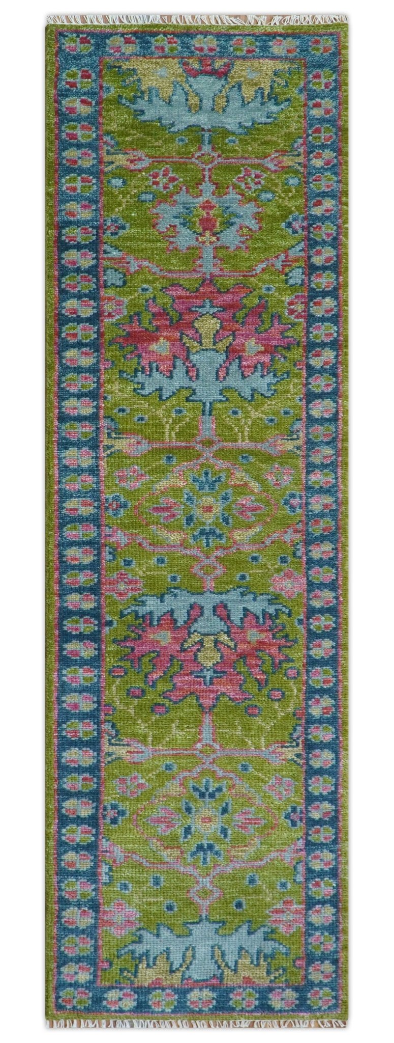 Custom Made Runner Donegal Green And Blue Hand Knotted Wool Rug.