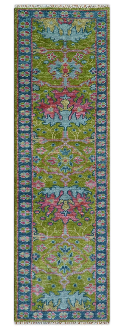 Custom Made Runner Donegal Green And Blue Hand Knotted Wool Rug.