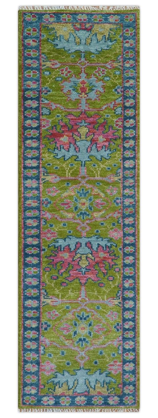 Custom Made Runner Donegal Green And Blue Hand Knotted Wool Rug.