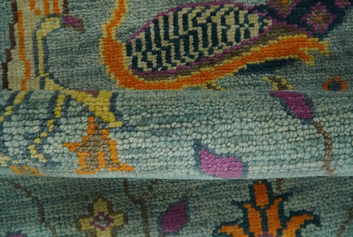 Custom Made Runner Jungle Life Peacock Green Hand Knotted Wool Rug.