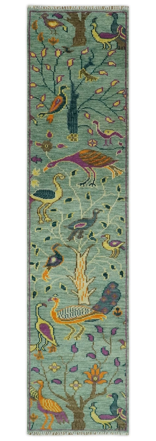 Custom Made Runner Jungle Life Peacock Green Hand Knotted Wool Rug.