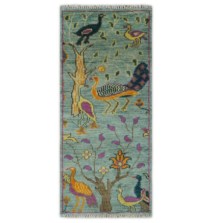 Custom Made Runner Jungle Life Peacock Green Hand Knotted Wool Rug.