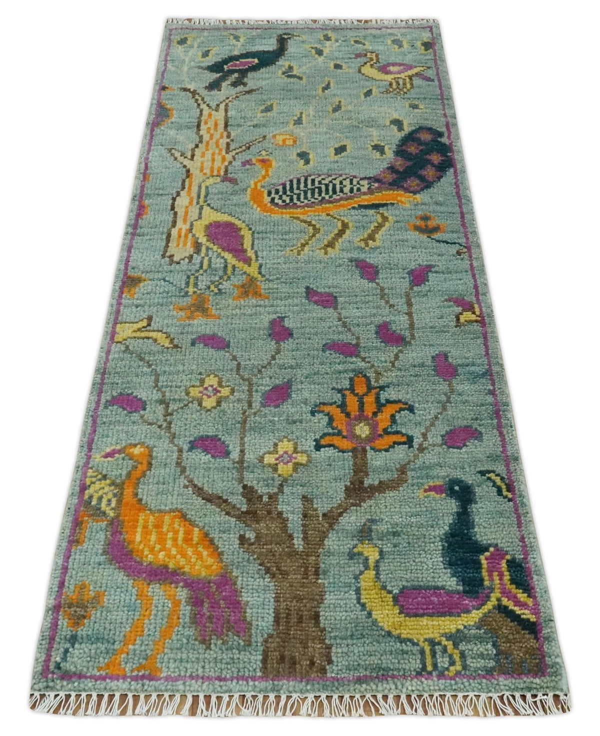 Custom Made Runner Jungle Life Peacock Green Hand Knotted Wool Rug.