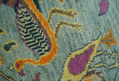 Custom Made Runner Jungle Life Peacock Green Hand Knotted Wool Rug.