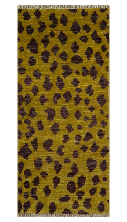 Custom Made Runner Leopard Design Mustard Hand Knotted Wool Rug.
