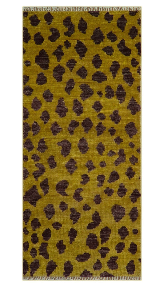 Custom Made Runner Leopard Design Mustard Hand Knotted Wool Rug.