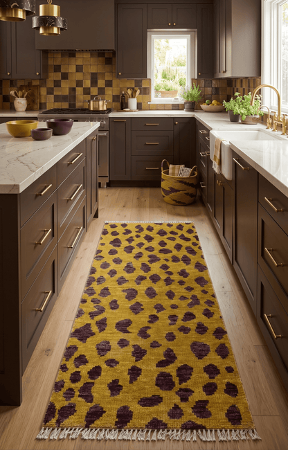 Custom Made Runner Leopard Design Mustard Hand Knotted Wool Rug.