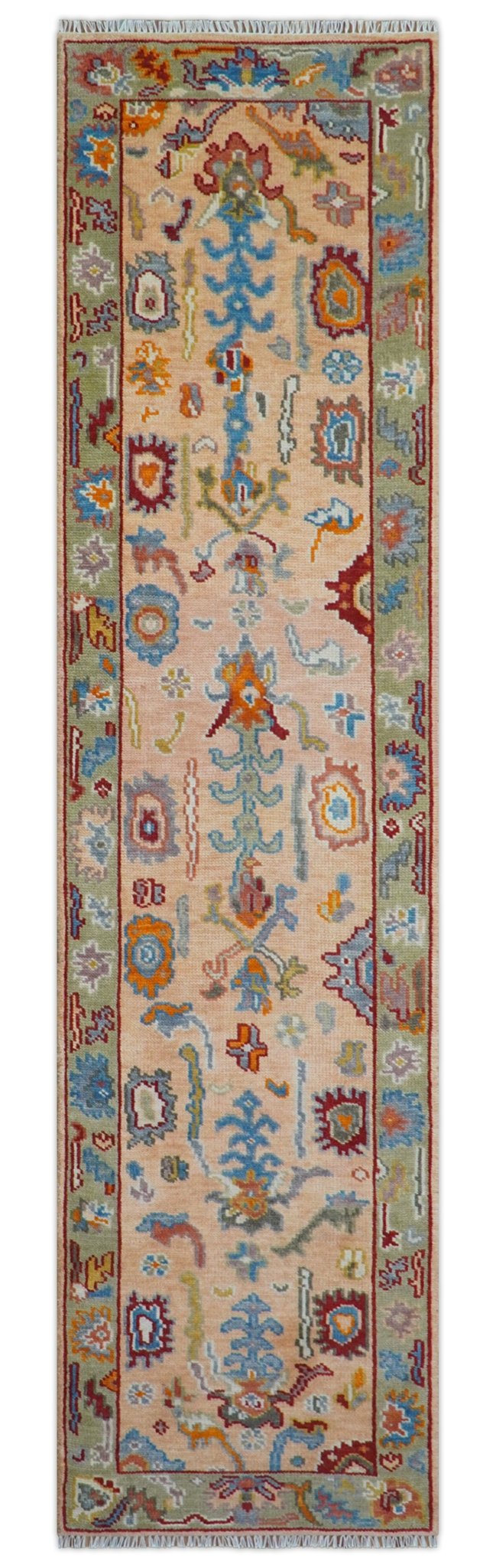Custom Made Runner Oushak Peach And Green Wool Rug.