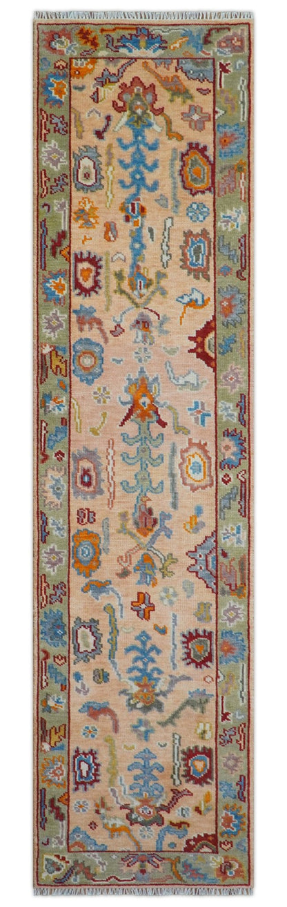 Custom Made Runner Oushak Peach And Green Wool Rug.