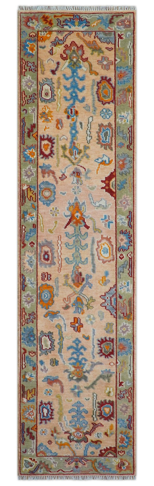Custom Made Runner Oushak Peach And Green Wool Rug.