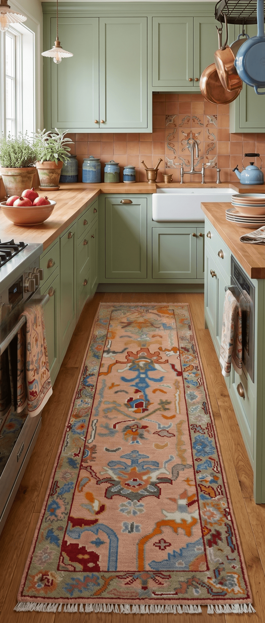 Custom Made Runner Oushak Peach And Green Wool Rug.
