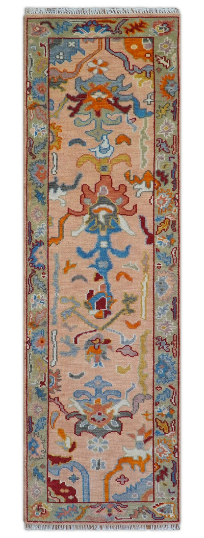 Custom Made Runner Oushak Peach And Green Wool Rug.