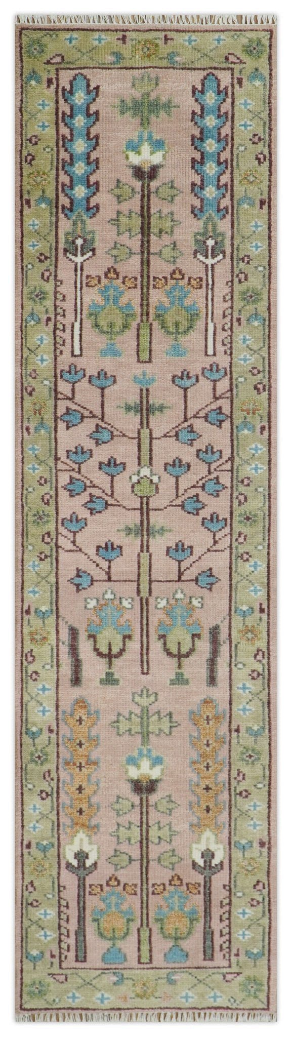 Custom Made Runner Rug Pink And Olive Tree of life Hand Knotted.