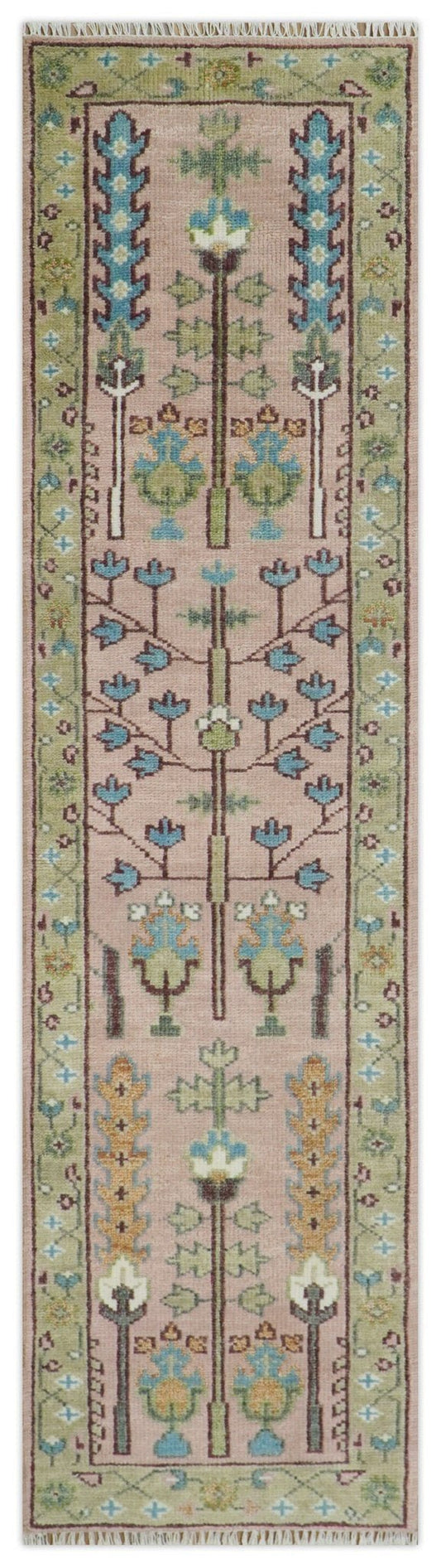 Custom Made Runner Rug Pink And Olive Tree of life Hand Knotted.