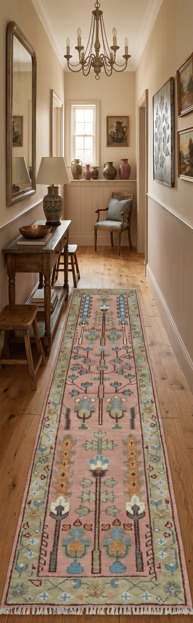 Custom Made Runner Rug Pink And Olive Tree of life Hand Knotted.