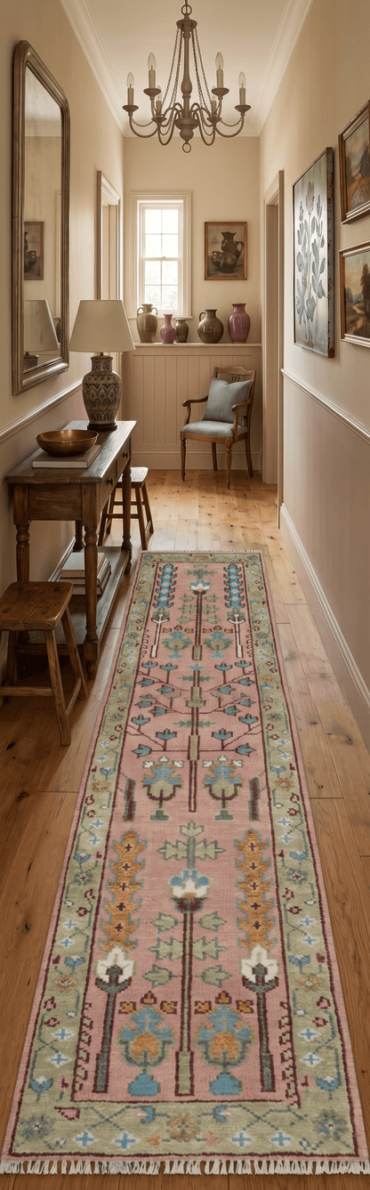 Custom Made Runner Rug Pink And Olive Tree of life Hand Knotted.