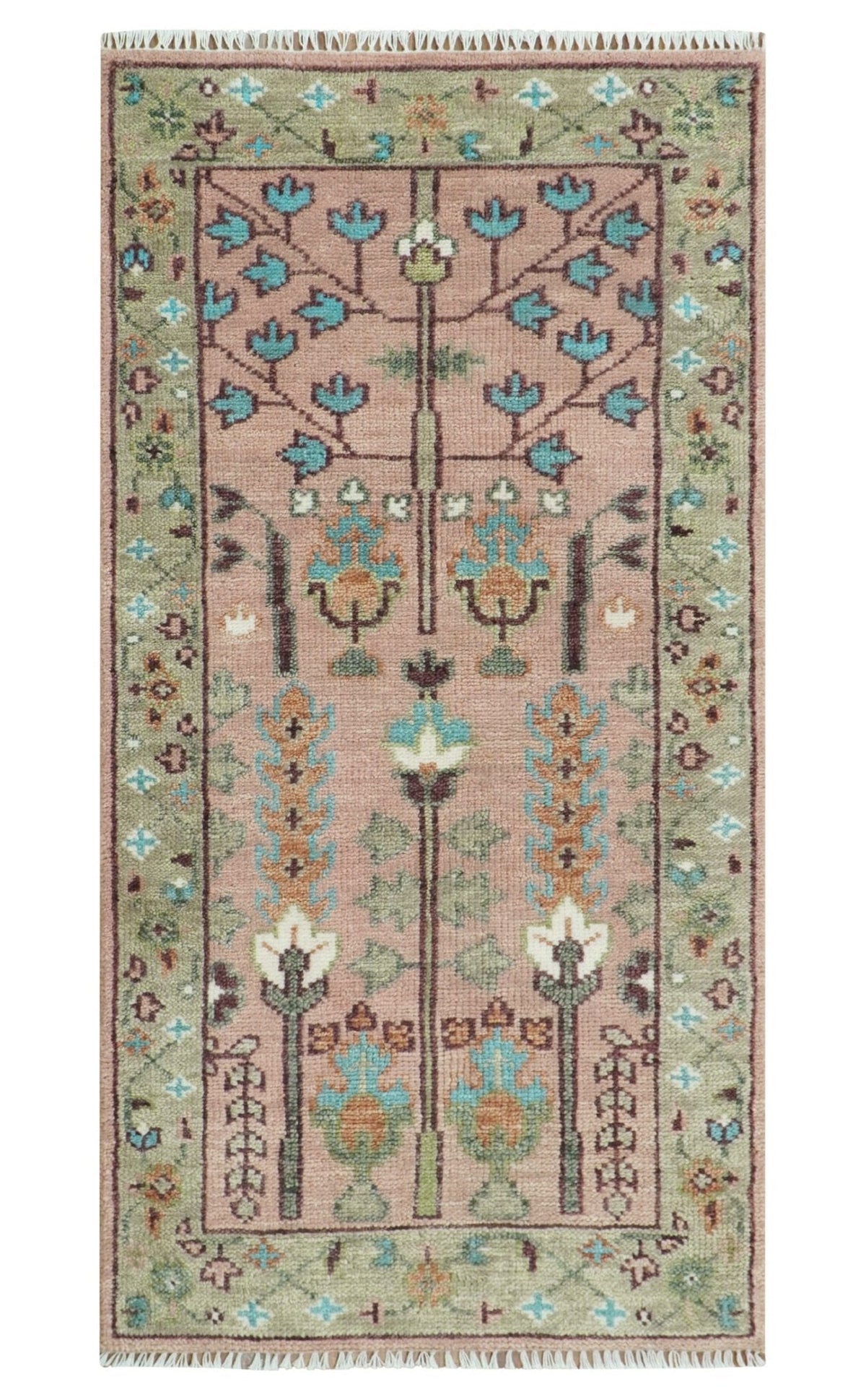 Custom Made Runner Rug Pink And Olive Tree of life Hand Knotted.