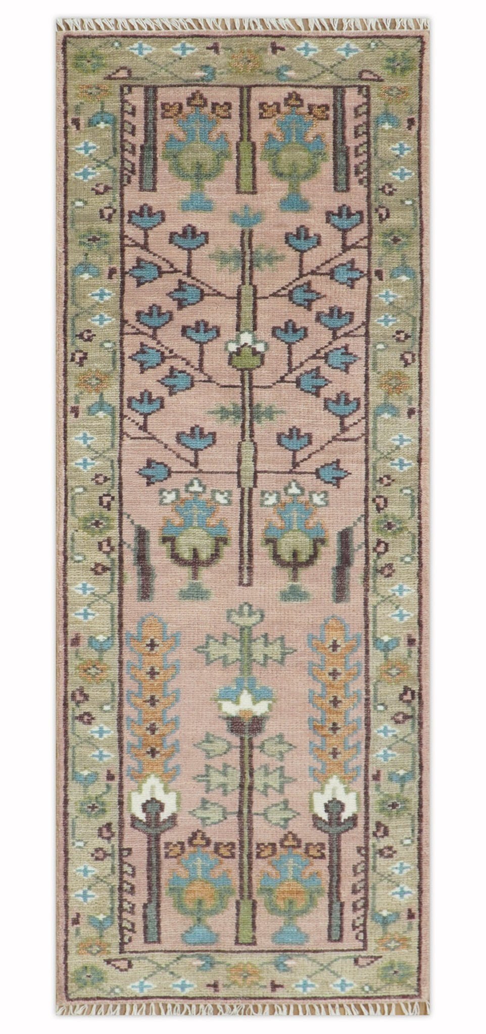 Custom Made Runner Rug Pink And Olive Tree of life Hand Knotted.