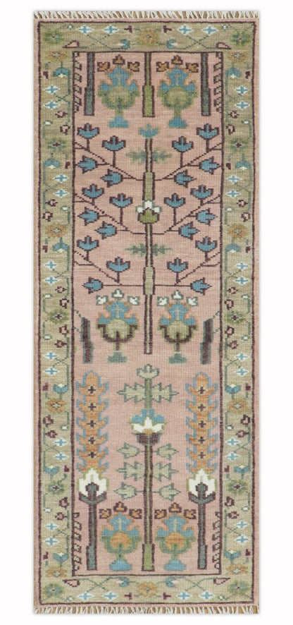 Custom Made Runner Rug Pink And Olive Tree of life Hand Knotted.