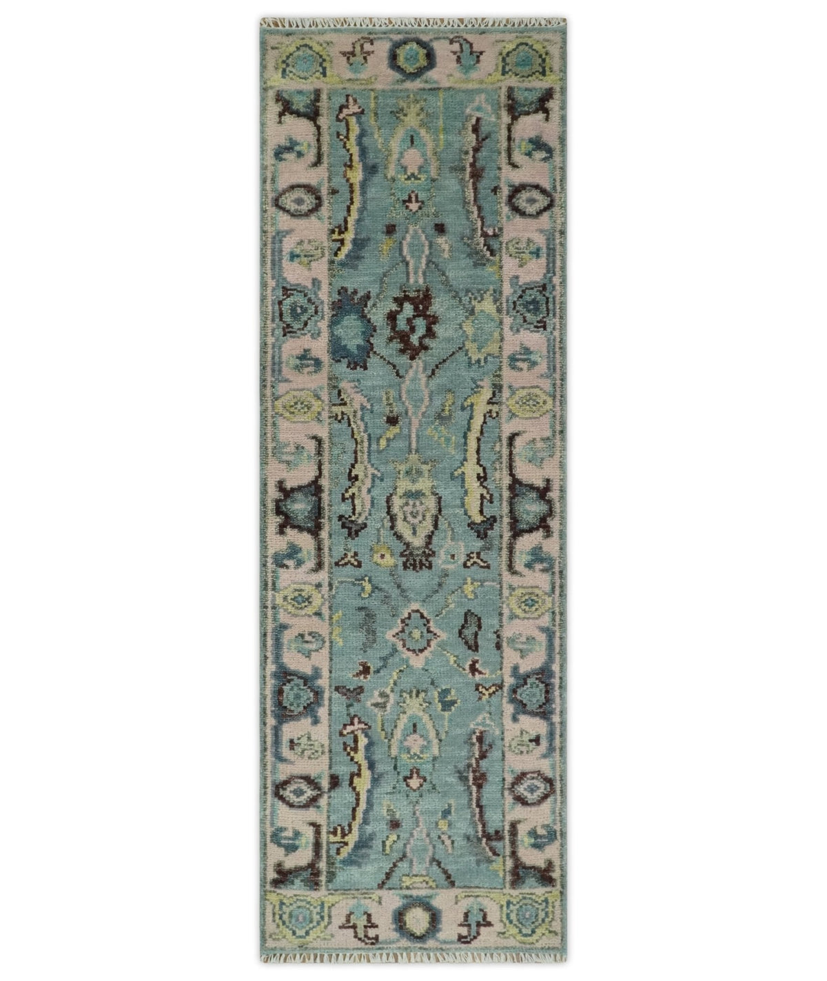 Custom Made Runner Seafoam And Peach Oushak Hand Knotted Wool Rug.