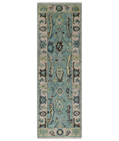 Custom Made Runner Seafoam And Peach Oushak Hand Knotted Wool Rug.