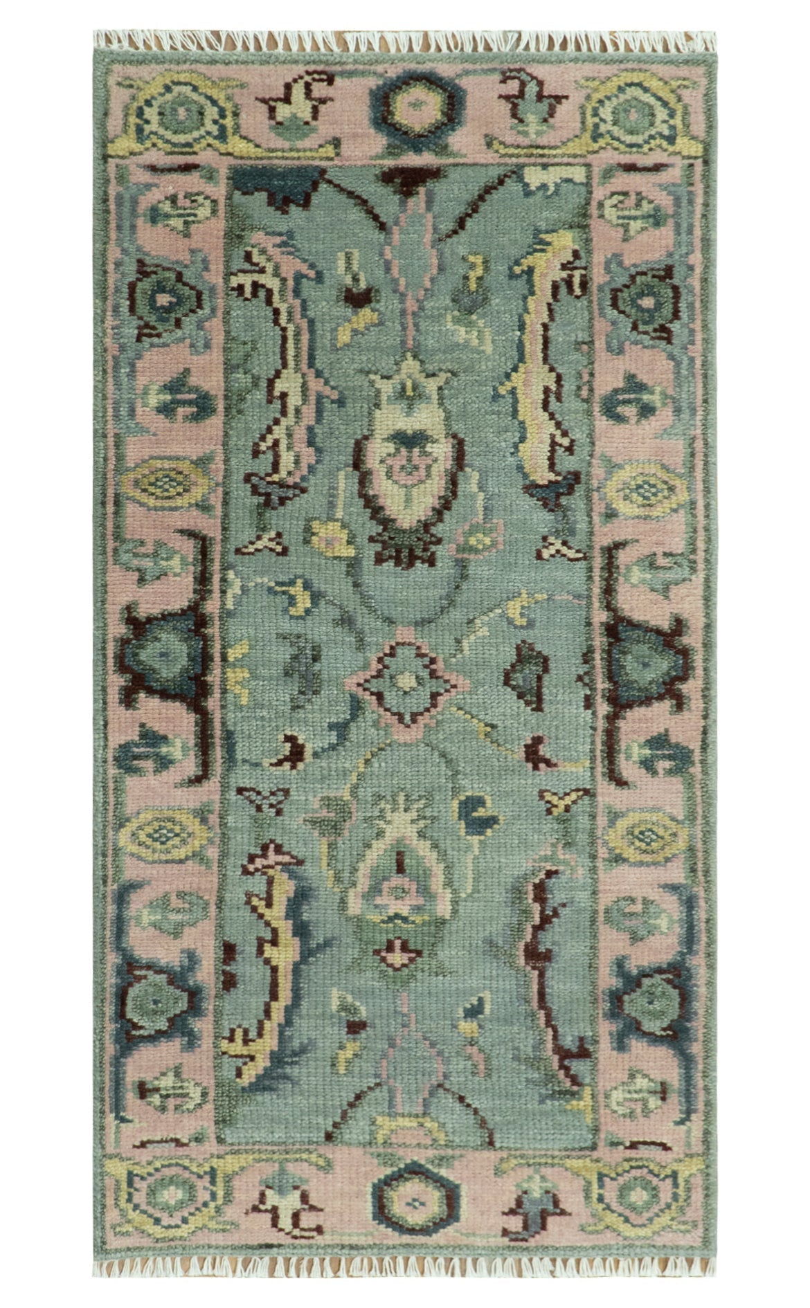Custom Made Runner Seafoam And Peach Oushak Hand Knotted Wool Rug.