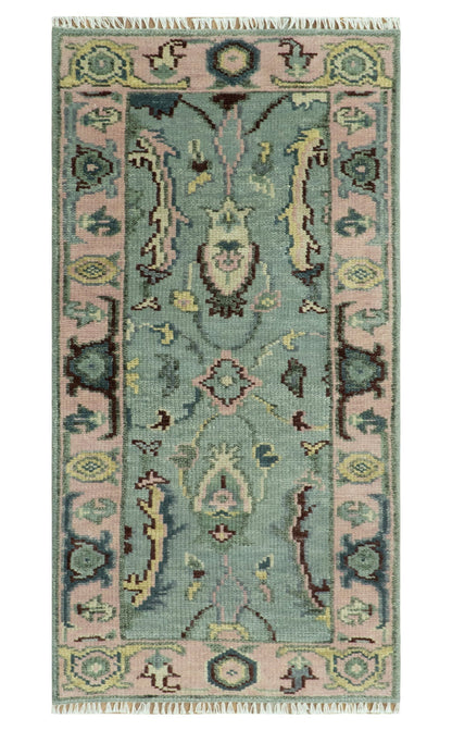 Custom Made Runner Seafoam And Peach Oushak Hand Knotted Wool Rug.