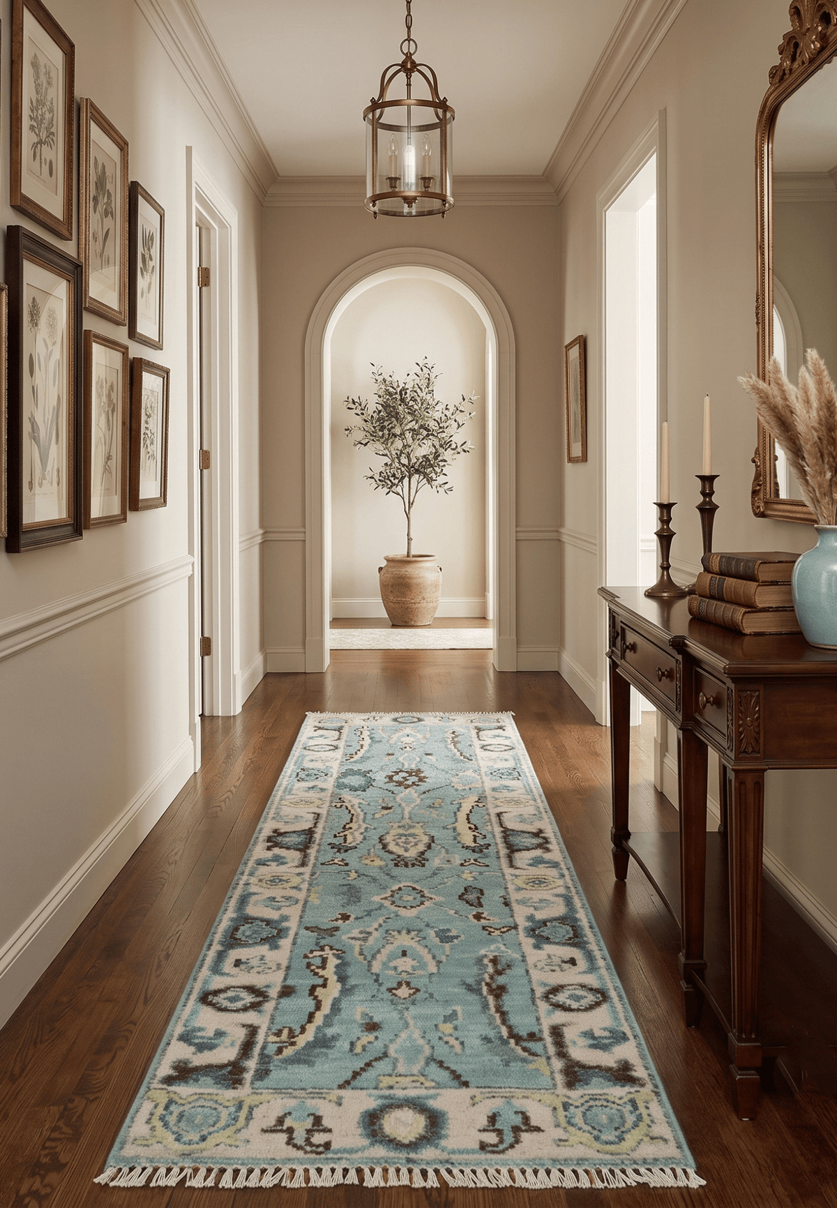 Custom Made Runner Seafoam And Peach Oushak Hand Knotted Wool Rug.