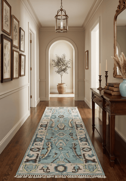 Custom Made Runner Seafoam And Peach Oushak Hand Knotted Wool Rug.