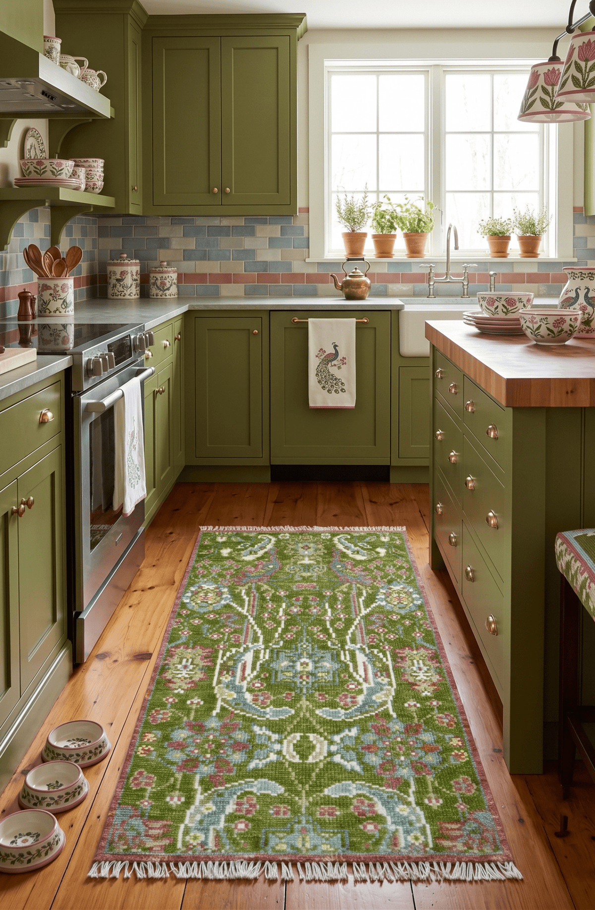 Custom Made Runner The Peacock Garden Green Hand Knotted Wool Rug.