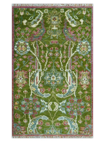 Custom Made Runner The Peacock Garden Green Hand Knotted Wool Rug.