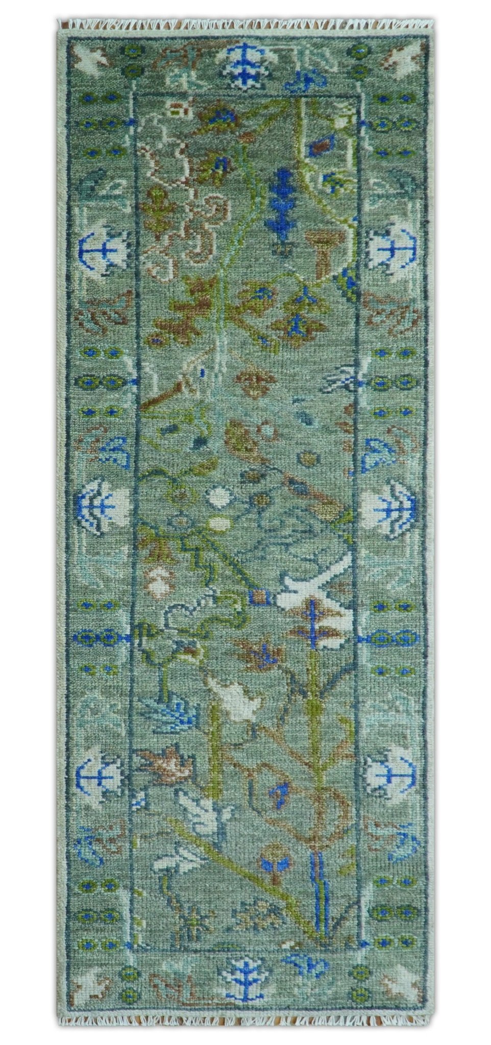Custom Made Runner The Plants and Roots Green Hand Knotted Wool Rug.
