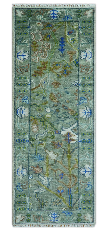 Custom Made Runner The Plants and Roots Green Hand Knotted Wool Rug.