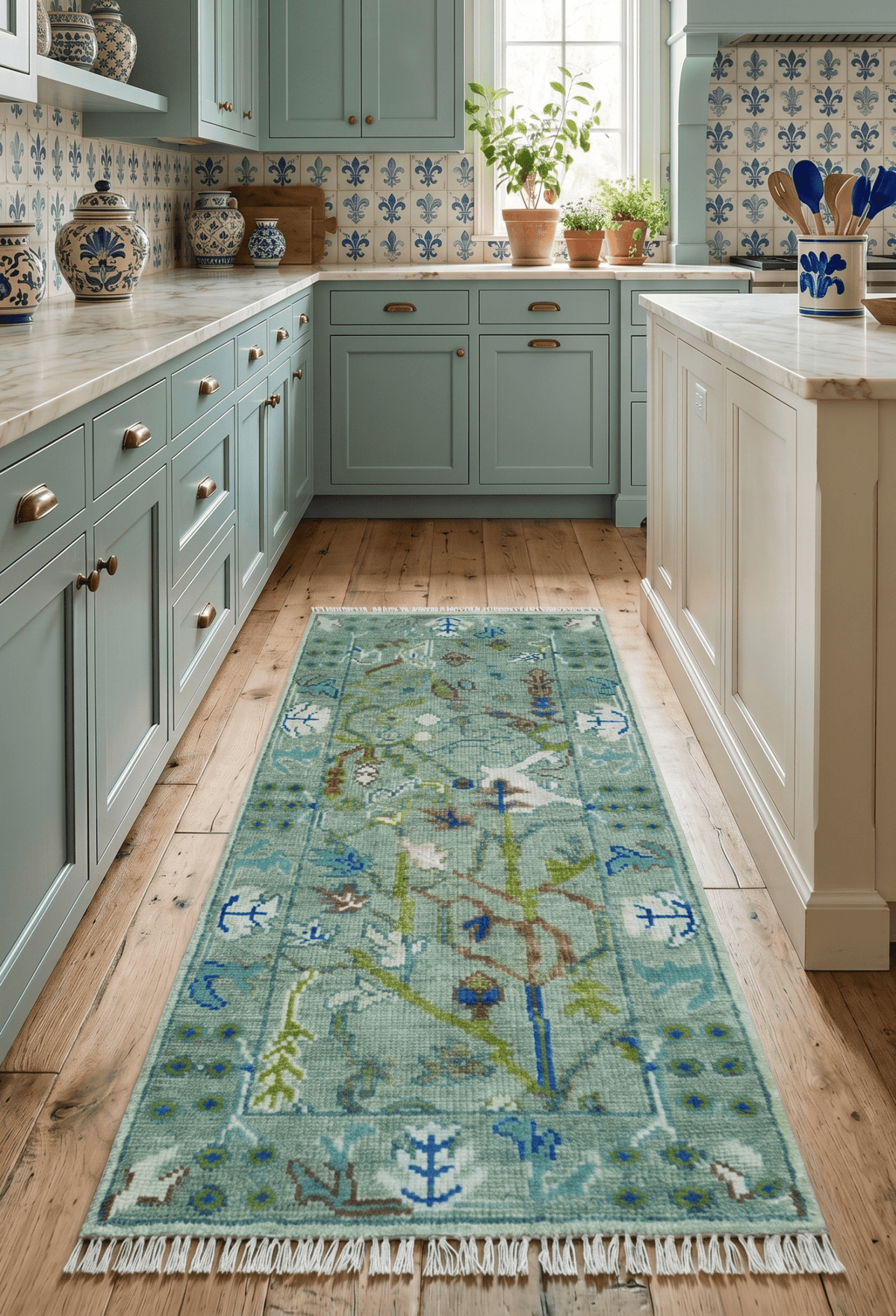 Custom Made Runner The Plants and Roots Green Hand Knotted Wool Rug.