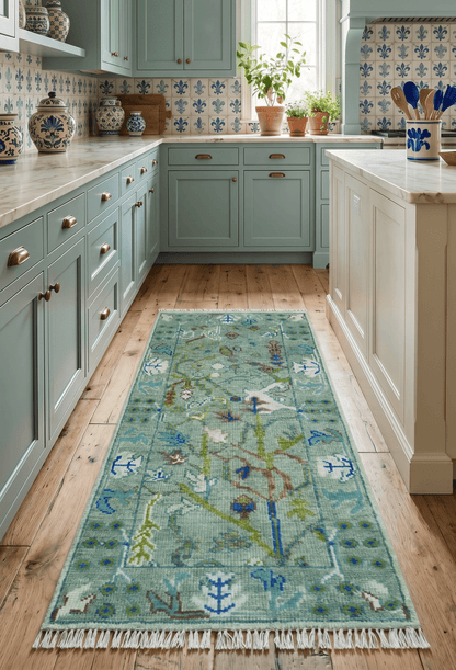 Custom Made Runner The Plants and Roots Green Hand Knotted Wool Rug.