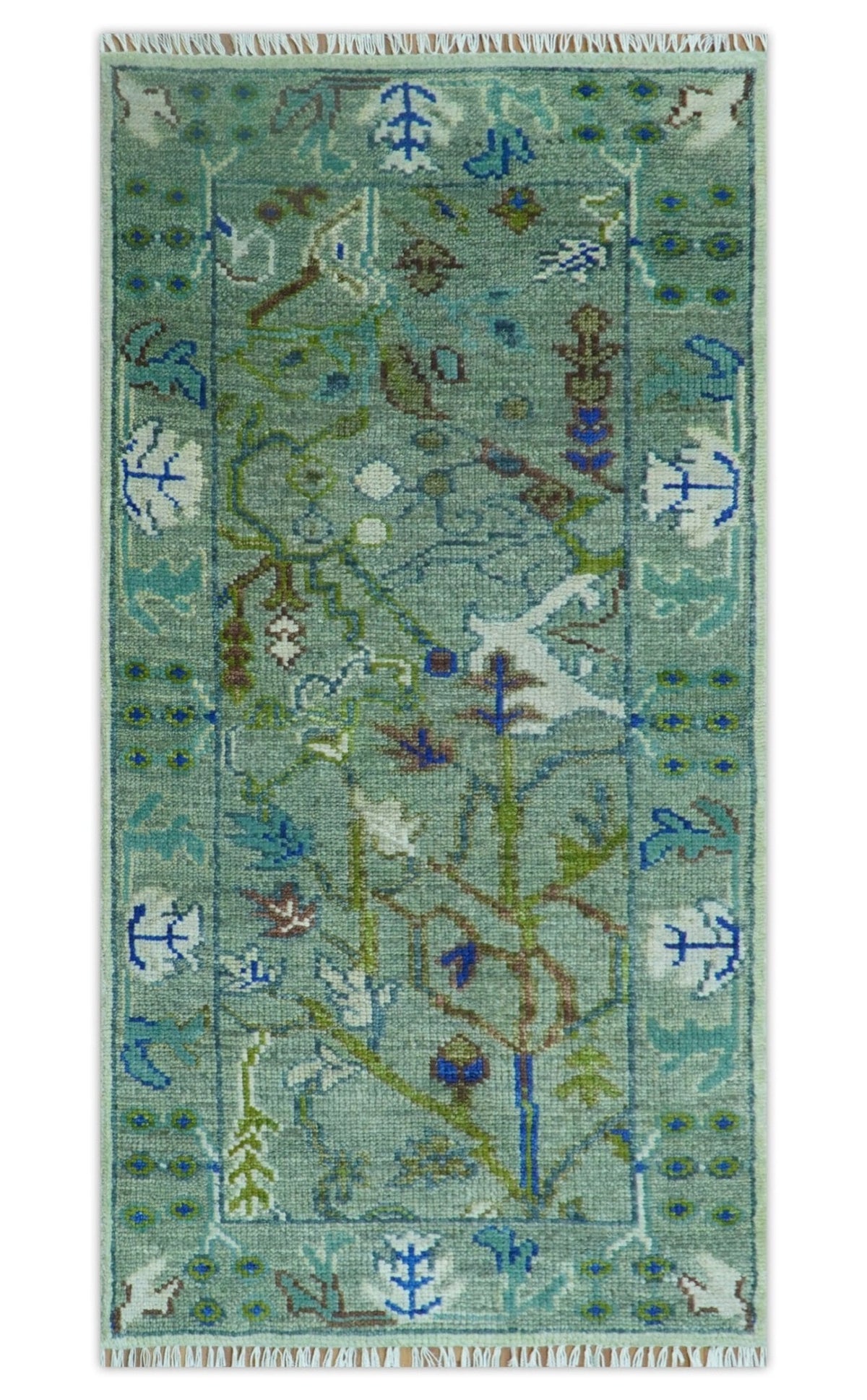 Custom Made Runner The Plants and Roots Green Hand Knotted Wool Rug.