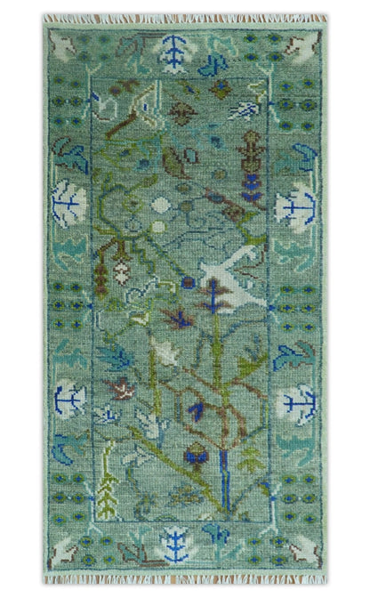 Custom Made Runner The Plants and Roots Green Hand Knotted Wool Rug.