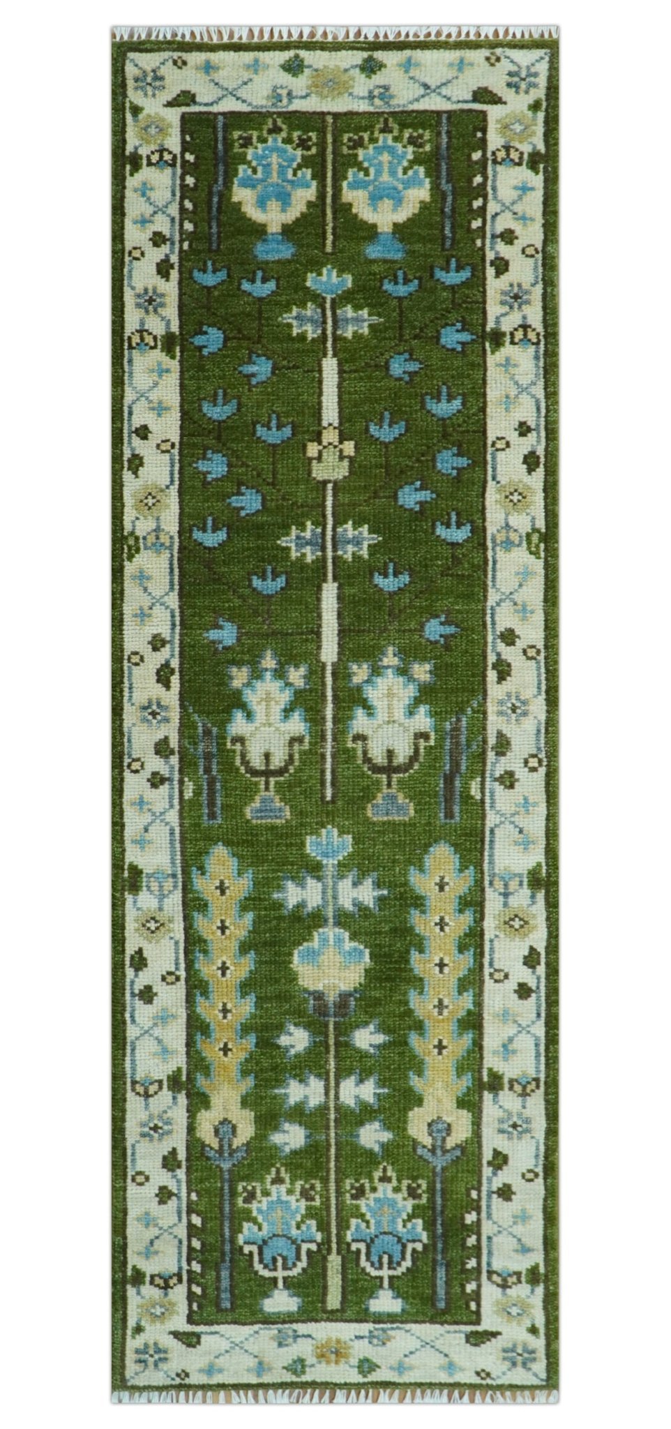 Custom Made Runner Tree of life Green And Ivory Hand Knotted Rug.
