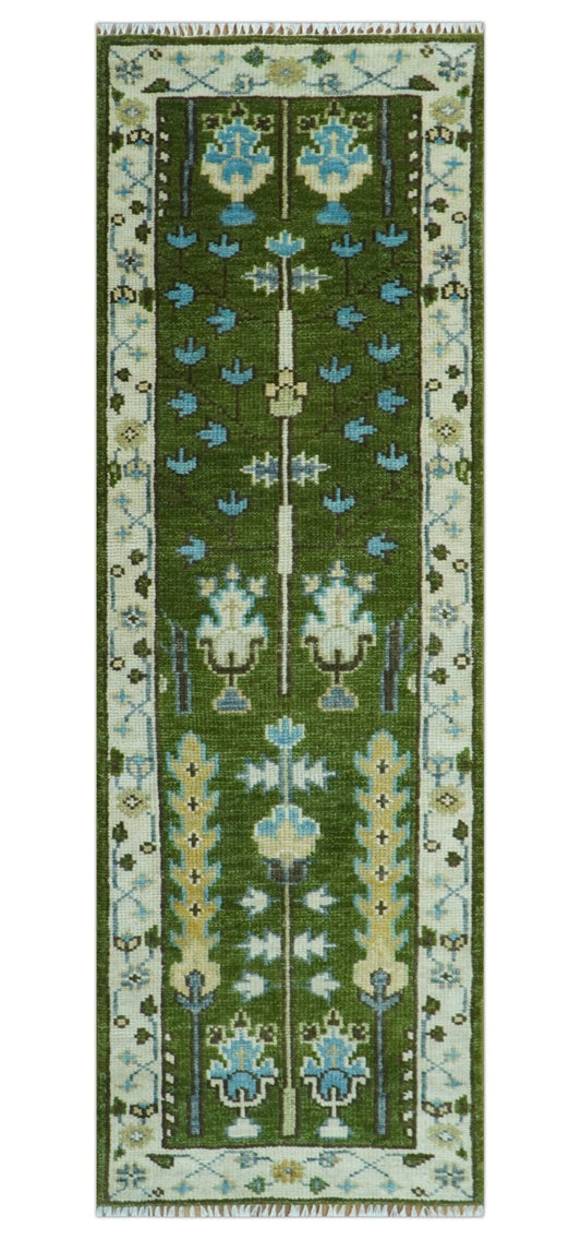 Custom Made Runner Tree of life Green And Ivory Hand Knotted Rug.