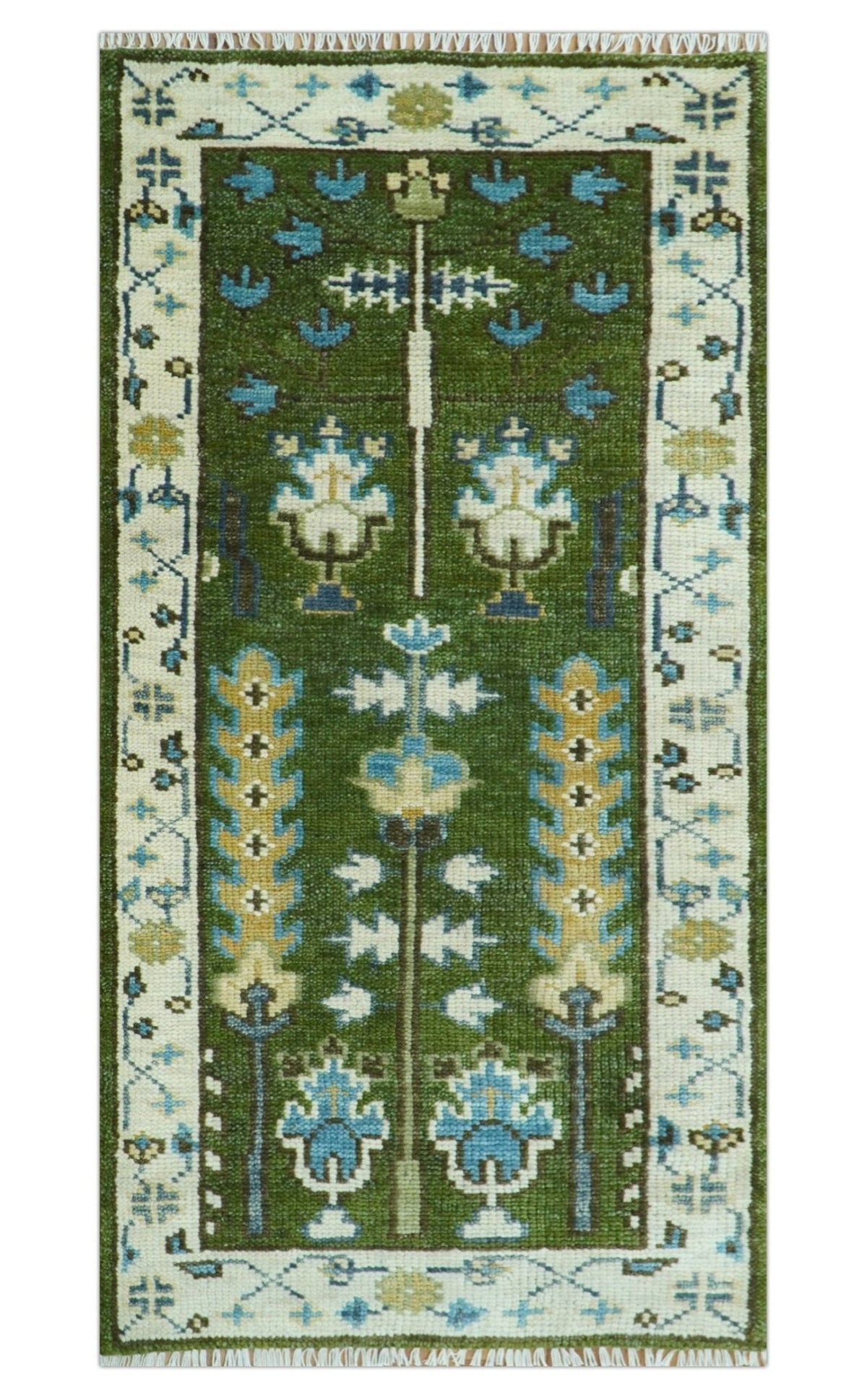 Custom Made Runner Tree of life Green And Ivory Hand Knotted Rug.