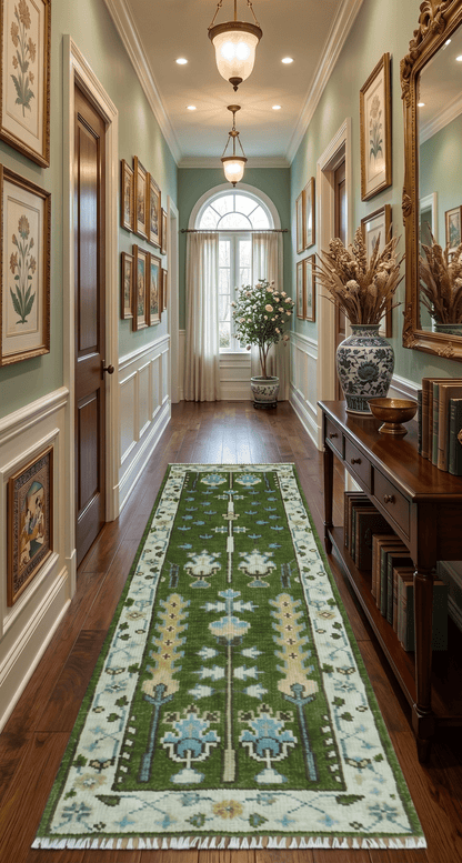 Custom Made Runner Tree of life Green And Ivory Hand Knotted Rug.