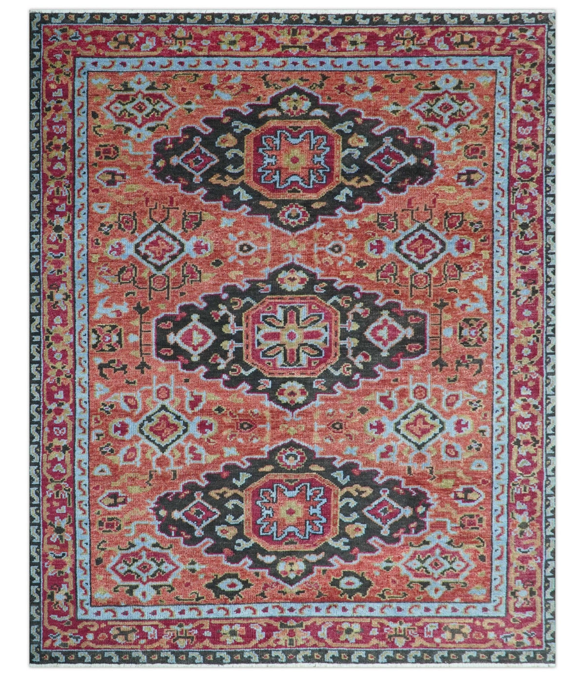 Custom Made Rust And Black Traditional Medallions Design Hand Knotted Wool Rug.