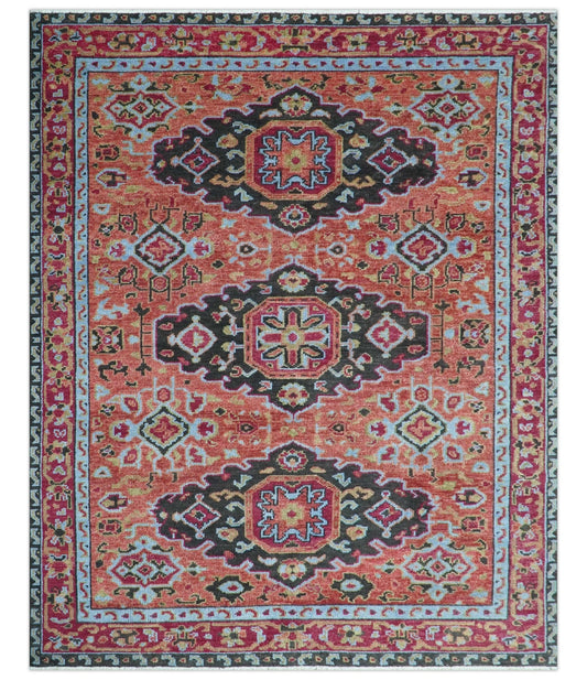 Custom Made Rust And Black Traditional Medallions Design Hand Knotted Wool Rug.